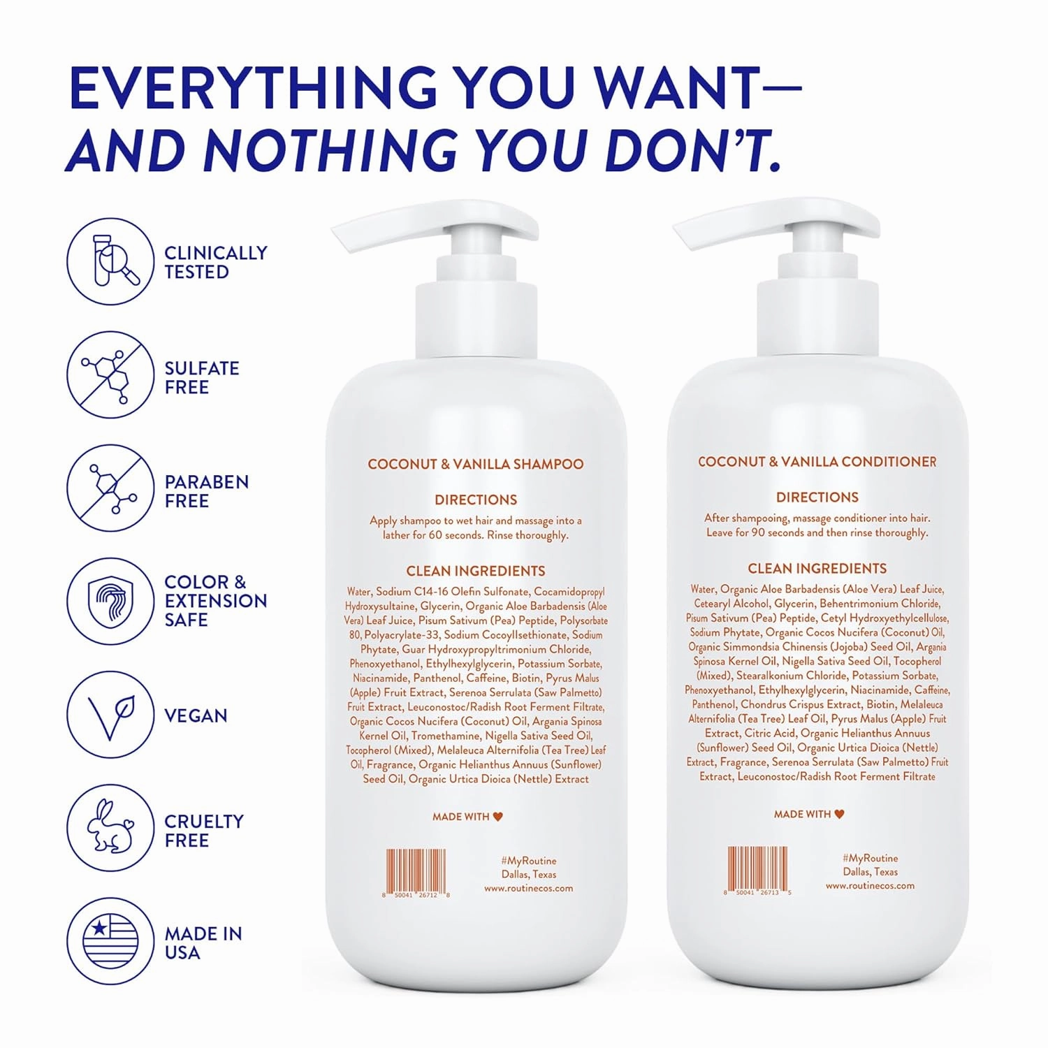 Routine Wellness Shampoo and Conditioner Set and Hair Serum for Thinning Hair - DHT Blocker Women & Men - Color Safe Shampoo for Hair Loss & Healthier Hair - Coconut & Vanilla Set   Serum
