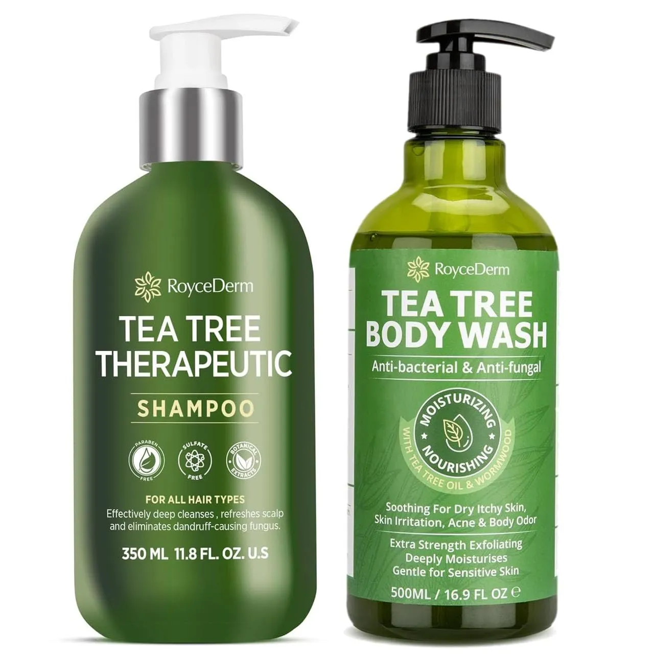 Roycederm Tea Tree Antifungal Care Bundle: Body Wash & Shampoo for Skin and Scalp Health