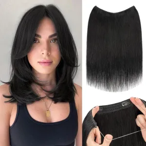 S-noilite Halo Hair Extensions Real Human Hair 12inch Short Straight Halo Extensions for Women Adjustable Jet Black Halo Hair Extensions