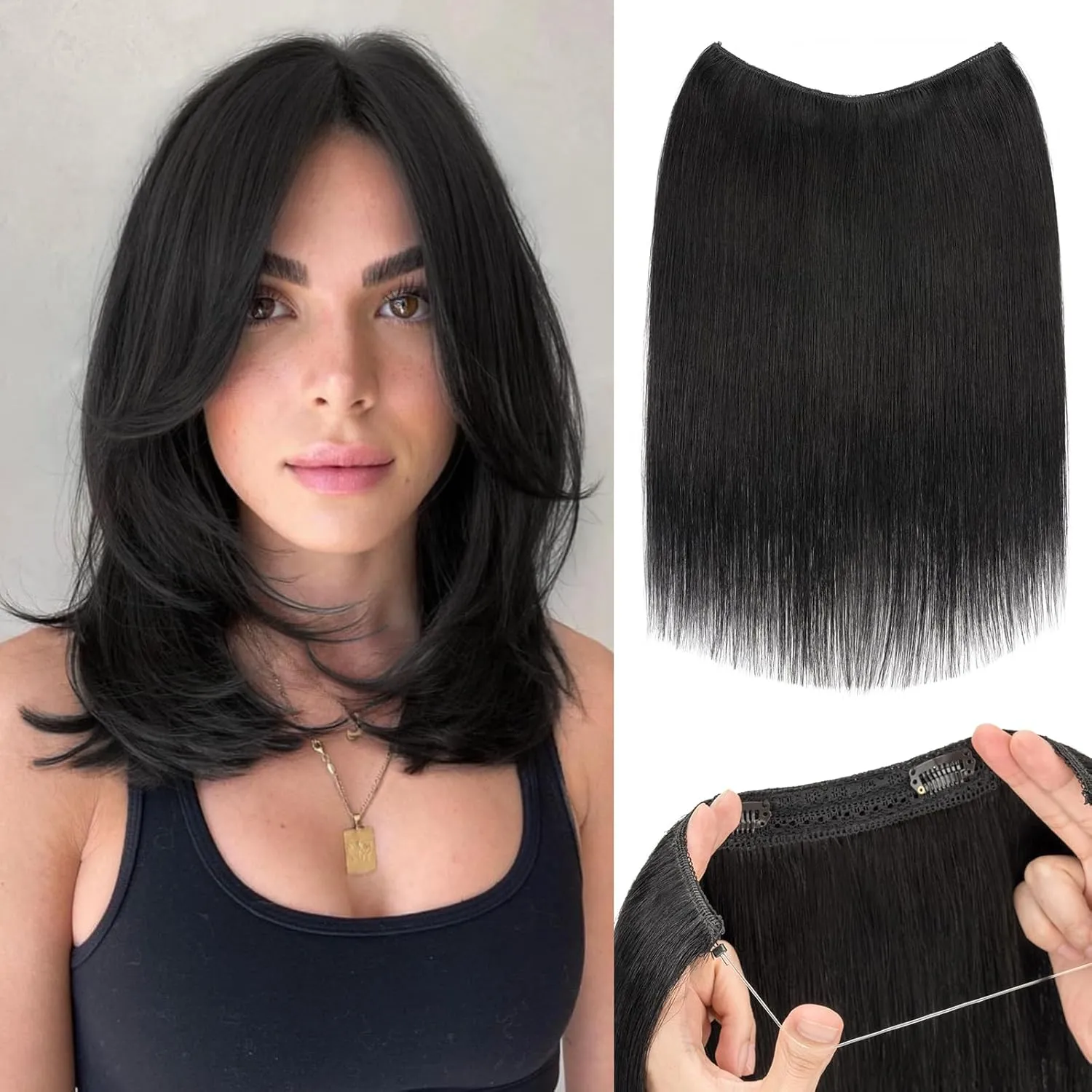 S-noilite Halo Hair Extensions Real Human Hair 12inch Short Straight Halo Extensions for Women Adjustable Jet Black Halo Hair Extensions