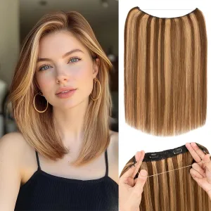 S-noilite Halo Hair Extensions Real Human Hair 12inch Short Straight Halo Hair Extensions for Women Adjustable Medium Brown/Dark Blonde Halo Extensions