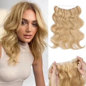S-noilite Halo Hair Extensions Real Human Hair 12inch Short Wavy Halo Hair Extensions for Women Adjustable WireHair Extensions Ash Blonde/Bleach Blonde