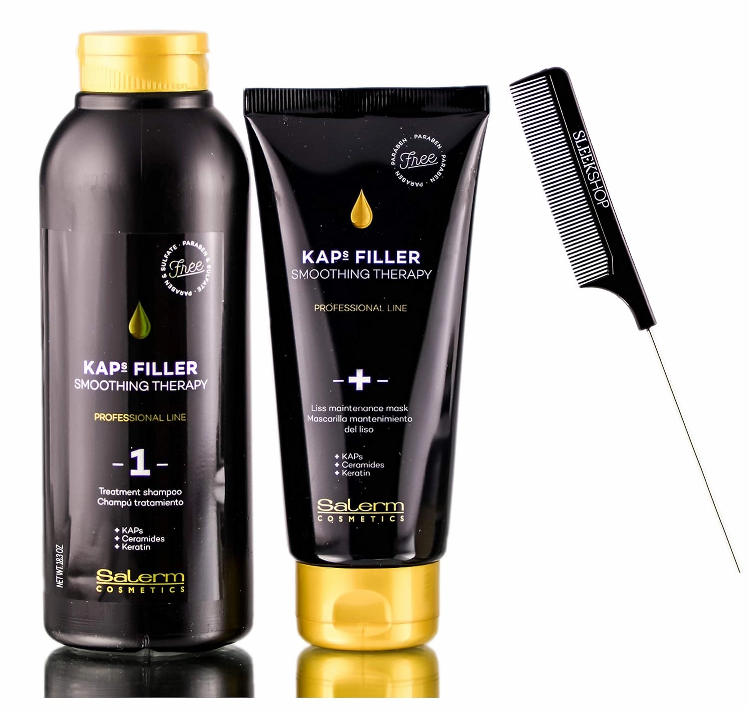 Salerm Cosmetics KAPS Filler Smoothing Therapy Kit - Treatment Shampoo, Liss Mask, Sleek Comb (w/ Ceramides   Keratin, 18 oz   6 oz)