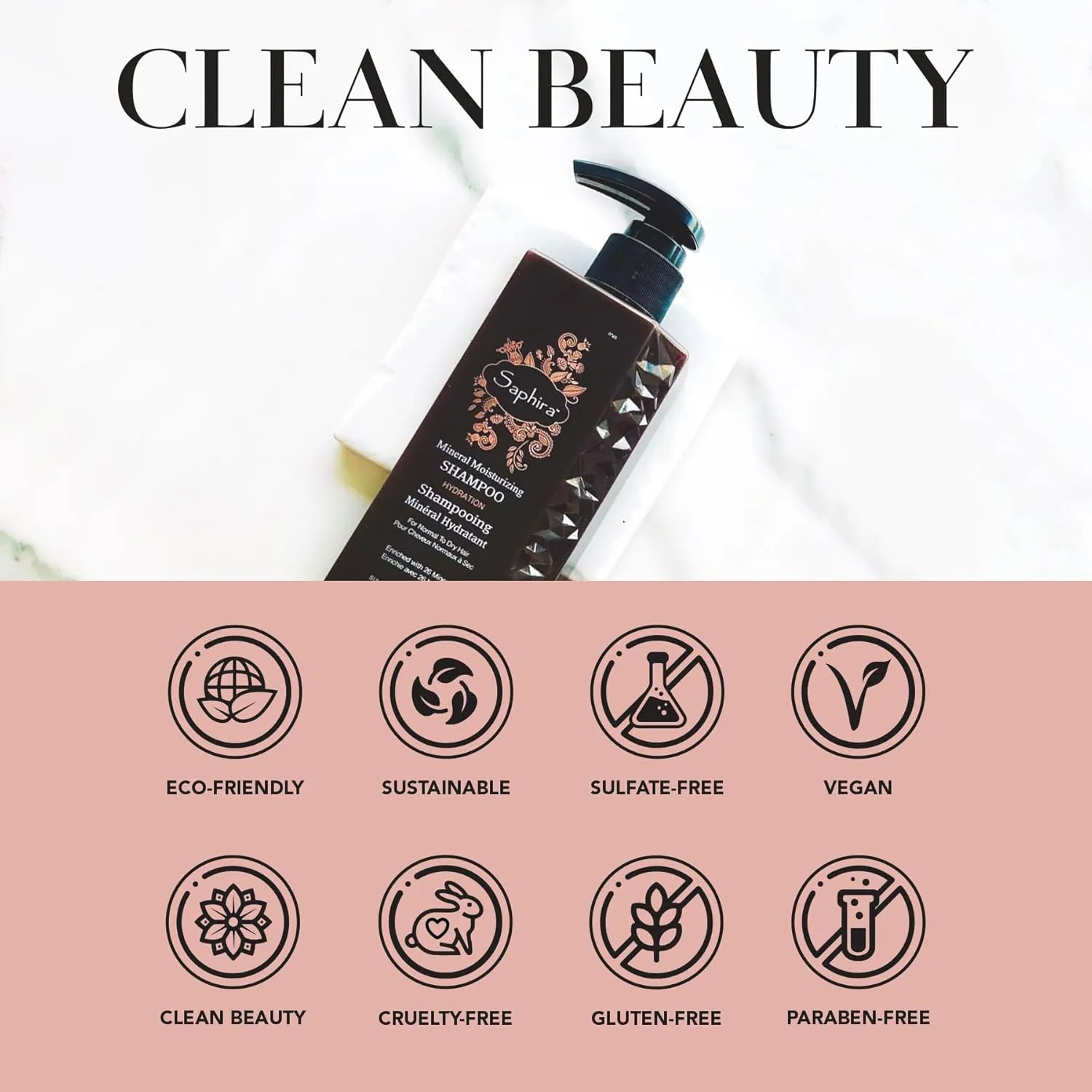 Saphira Mineral Moisturizing Shampoo, Hydration and Shine for Dry, Damaged, Permed or Chemically Treated Hair and Scalp, Sulfate-Free, Paraben-Free, Vegan, Prevents Frizz and Split Ends