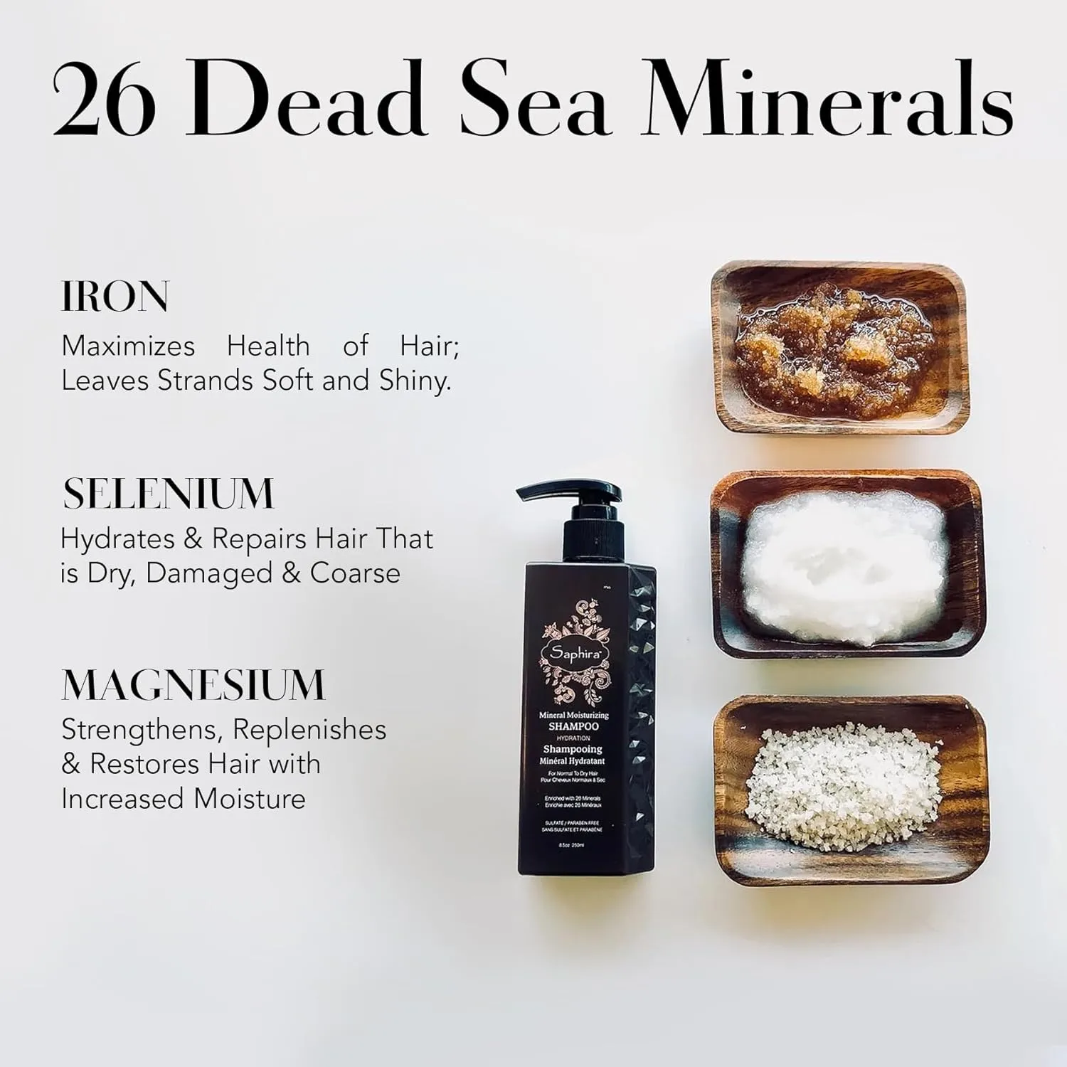 Saphira Mineral Moisturizing Shampoo, Hydration and Shine for Dry, Damaged, Permed or Chemically Treated Hair and Scalp, Sulfate-Free, Paraben-Free, Vegan, Prevents Frizz and Split Ends