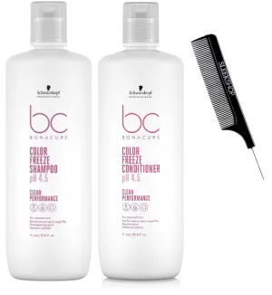 Schwarzkopf BC Bonacure COLOR FREEZE Sulfate-Free SHAMPOO & CONDITIONER Duo SET for overprocessed or colored hair (with Sleek Steel Pin Tail Comb) (33.8 oz/XL LITER DUO KIT)
