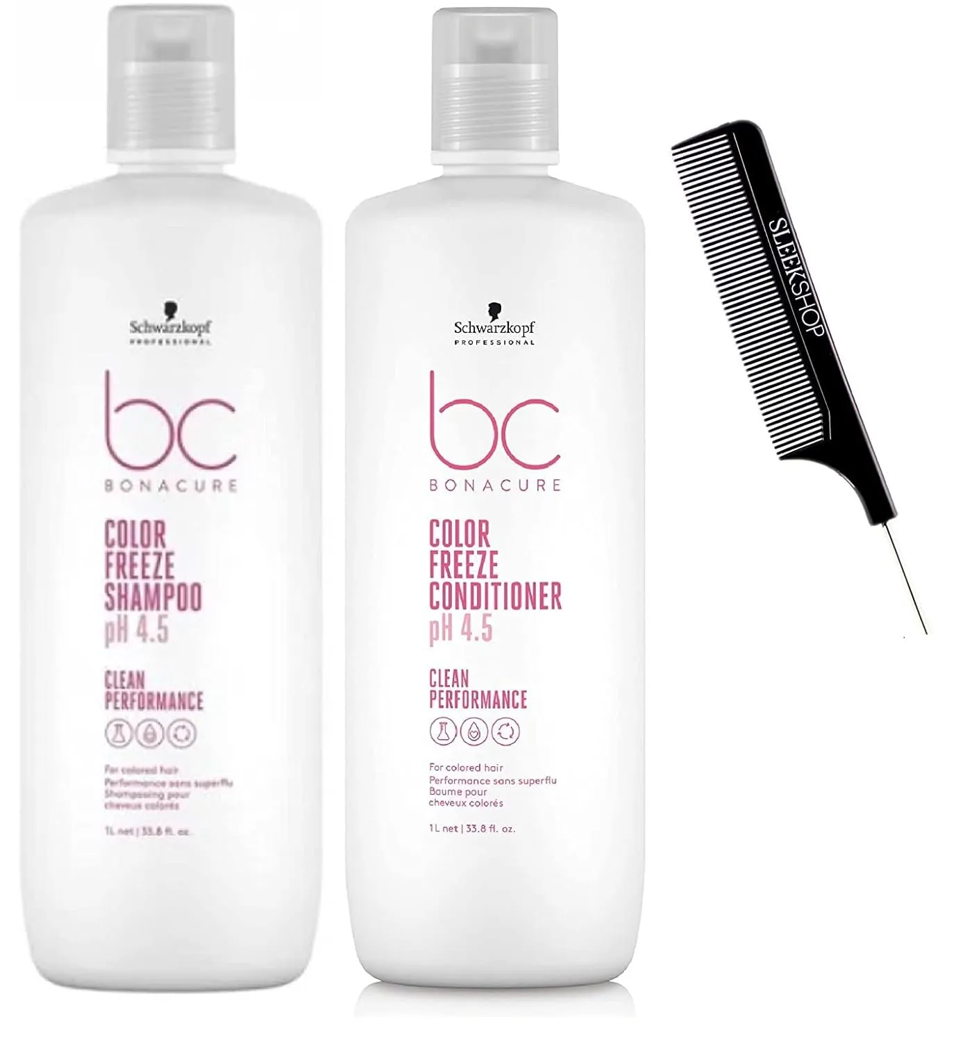 Schwarzkopf BC Bonacure COLOR FREEZE Sulfate-Free SHAMPOO & CONDITIONER Duo SET for overprocessed or colored hair (with Sleek Steel Pin Tail Comb) (33.8 oz/XL LITER DUO KIT)