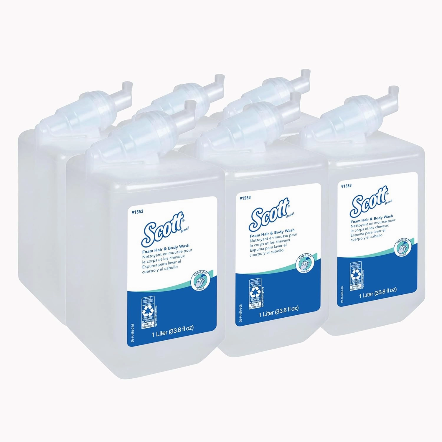 Scott Professional Foam Hair and Body Wash (91553), 1.0 L, Foaming, Light Blue, Fresh Scent, Manual Refills, (6 Bottles)