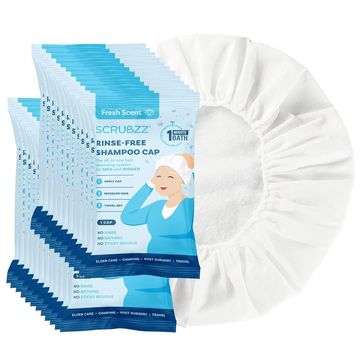Scrubzz Shampoo Caps No Rinse for Elderly and Bedridden Patients, Rinse Free Shampoo Caps for Post Surgery and Hospital Stays, Waterless Hair Washing Shower Caps - 24 Pack