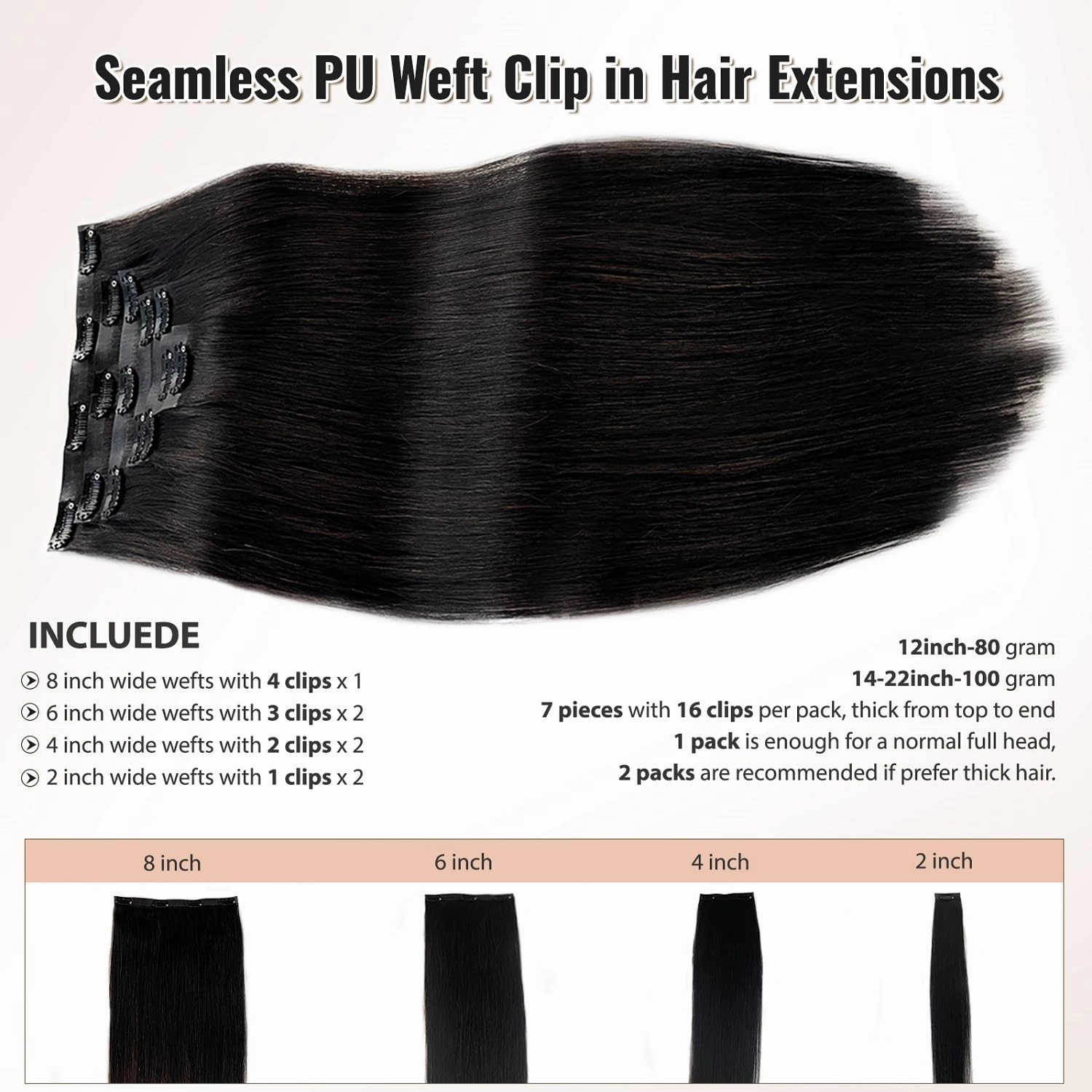 Seamless Clip in Hair Extensions, Natural Black PU Weft Human Hair Extensions, 7PCS Seamless Clip ins, 80G, 12' Thicken