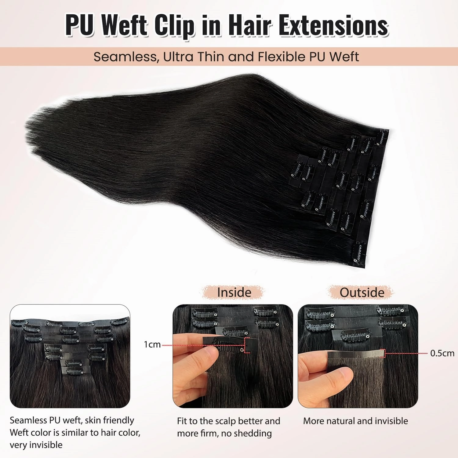 Seamless Clip in Hair Extensions, Natural Black PU Weft Human Hair Extensions, 7PCS Seamless Clip ins, 80G, 12' Thicken