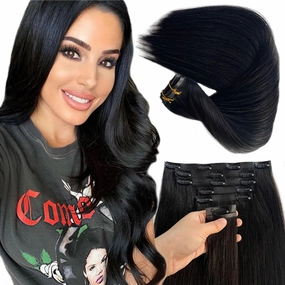 Seamless Clip in Hair Extensions, Natural Black PU Weft Human Hair Extensions, 7PCS Seamless Clip ins, 80G, 12' Thicken