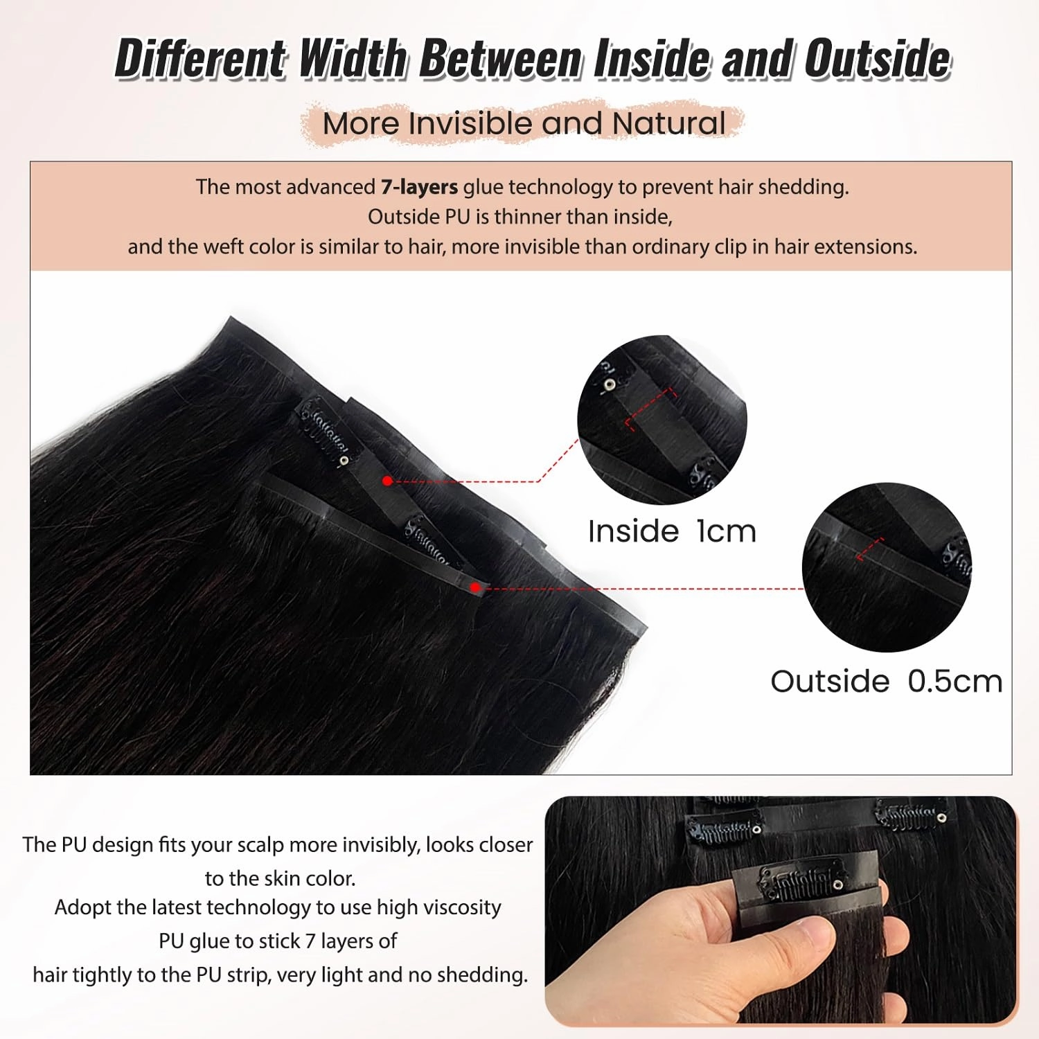 Seamless Clip in Hair Extensions, Natural Black PU Weft Human Hair Extensions, 7PCS Seamless Clip ins, 80G, 12' Thicken