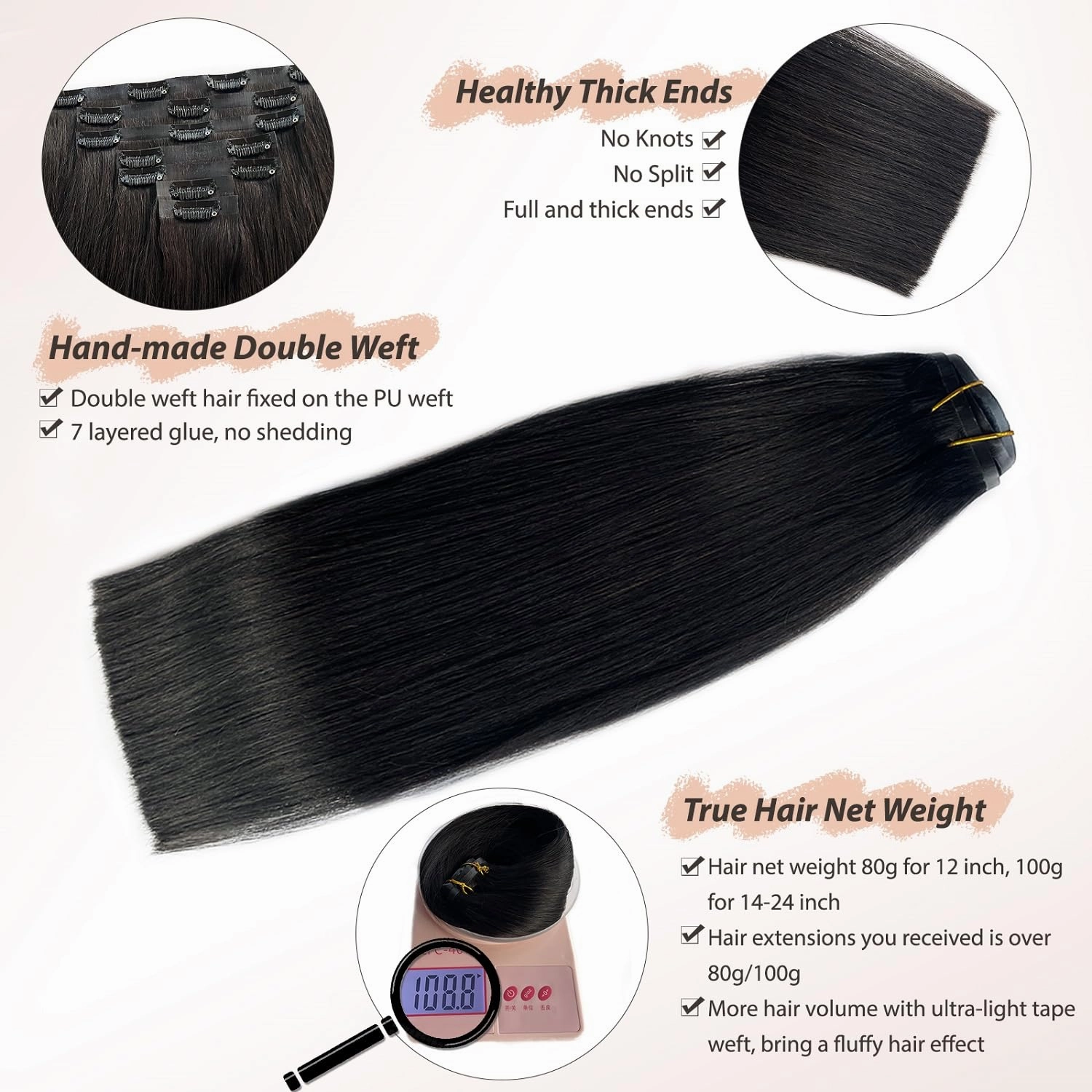 Seamless Clip in Hair Extensions, Natural Black PU Weft Human Hair Extensions, 7PCS Seamless Clip ins, 80G, 12' Thicken