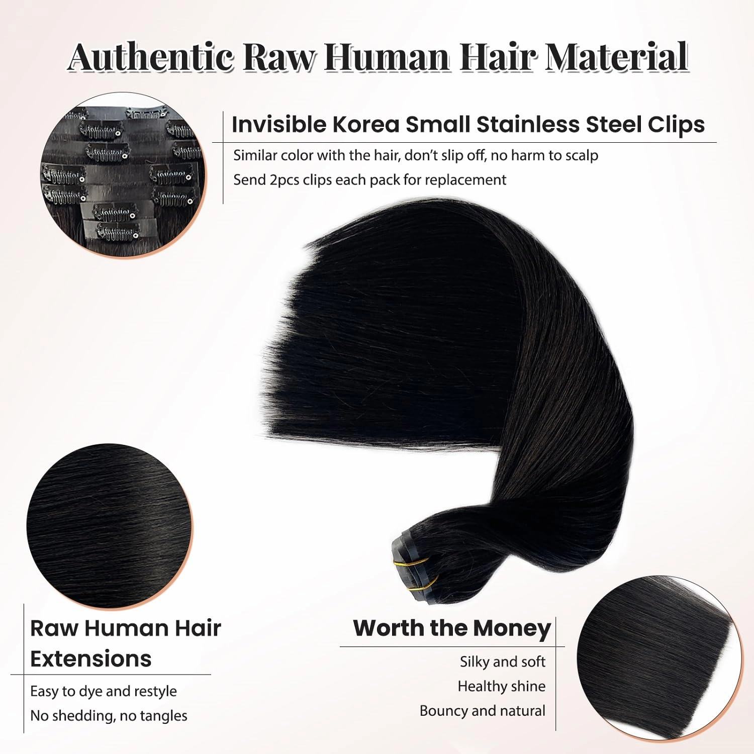 Seamless Clip in Hair Extensions, Natural Black PU Weft Human Hair Extensions, 7PCS Seamless Clip ins, 80G, 12' Thicken