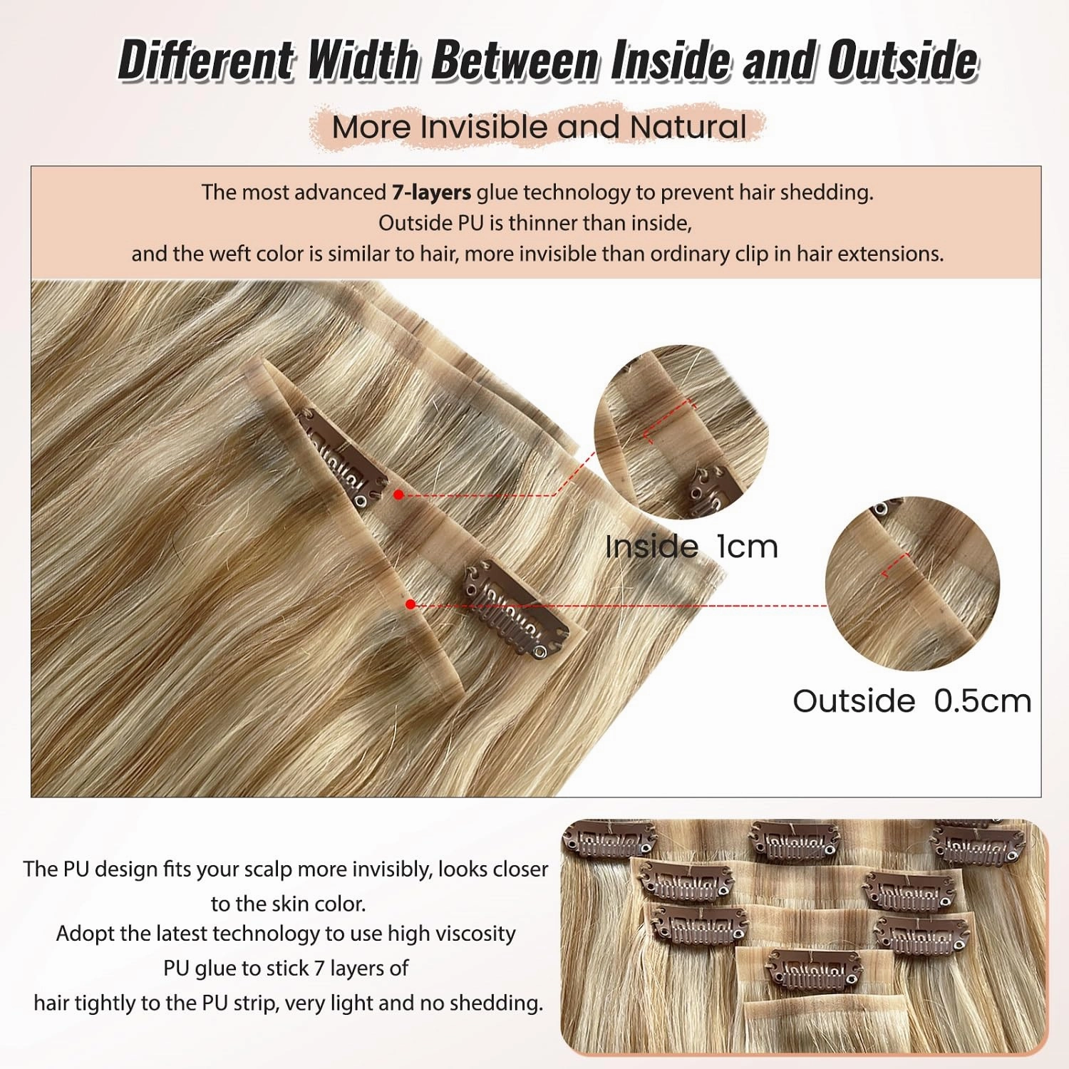 Seamless Human Hair Clip in Extensions, 24” 7 Pieces Colored Clip in Hair Extensions Real Human Hair Invisible PU Weft Clip ins Caramel Blonde with White Blonde Highlights Remy Hair Extensions