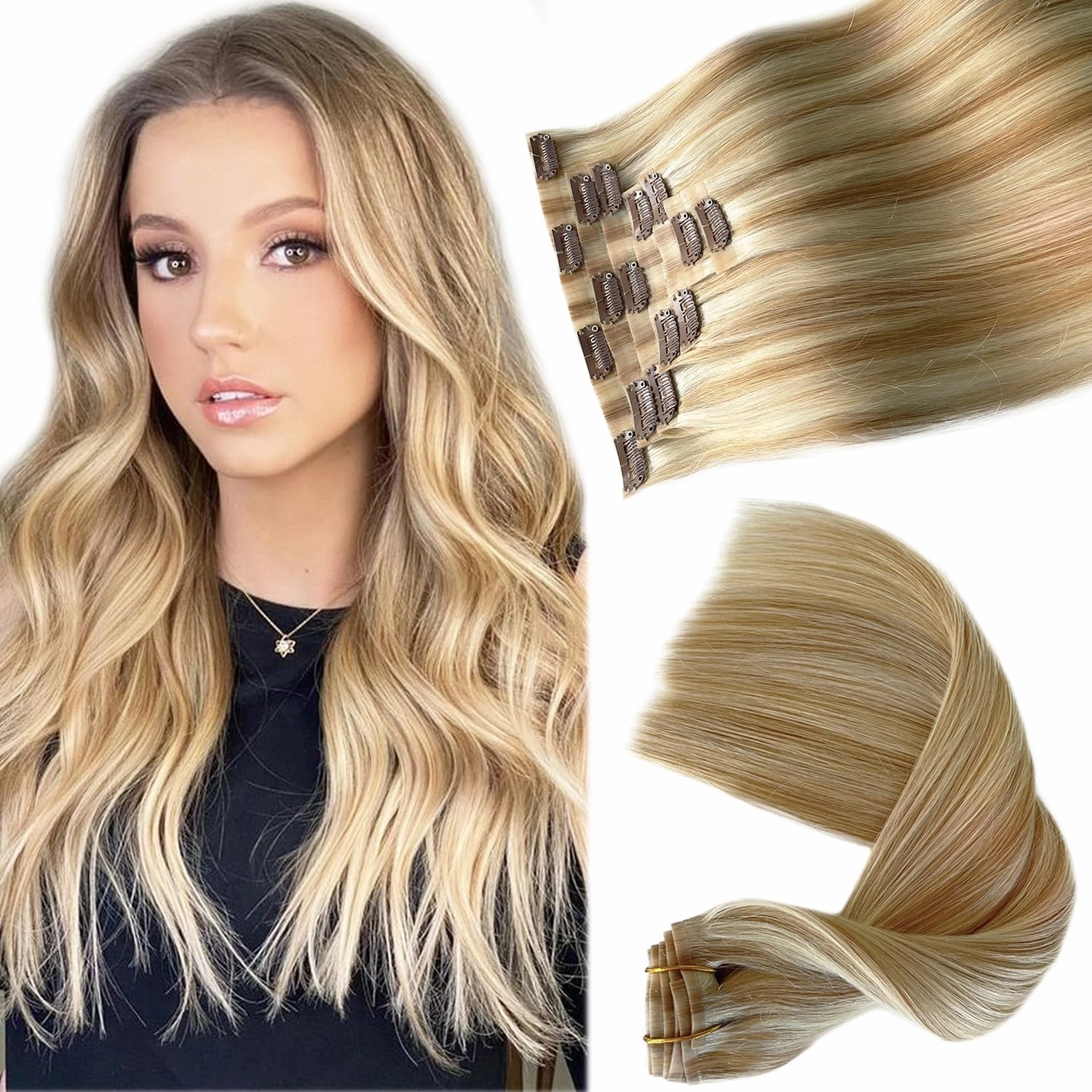 Seamless Human Hair Clip in Extensions, 24” 7 Pieces Colored Clip in Hair Extensions Real Human Hair Invisible PU Weft Clip ins Caramel Blonde with White Blonde Highlights Remy Hair Extensions
