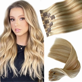Seamless Human Hair Clip in Extensions, 24” 7 Pieces Colored Clip in Hair Extensions Real Human Hair Invisible PU Weft Clip ins Caramel Blonde with White Blonde Highlights Remy Hair Extensions