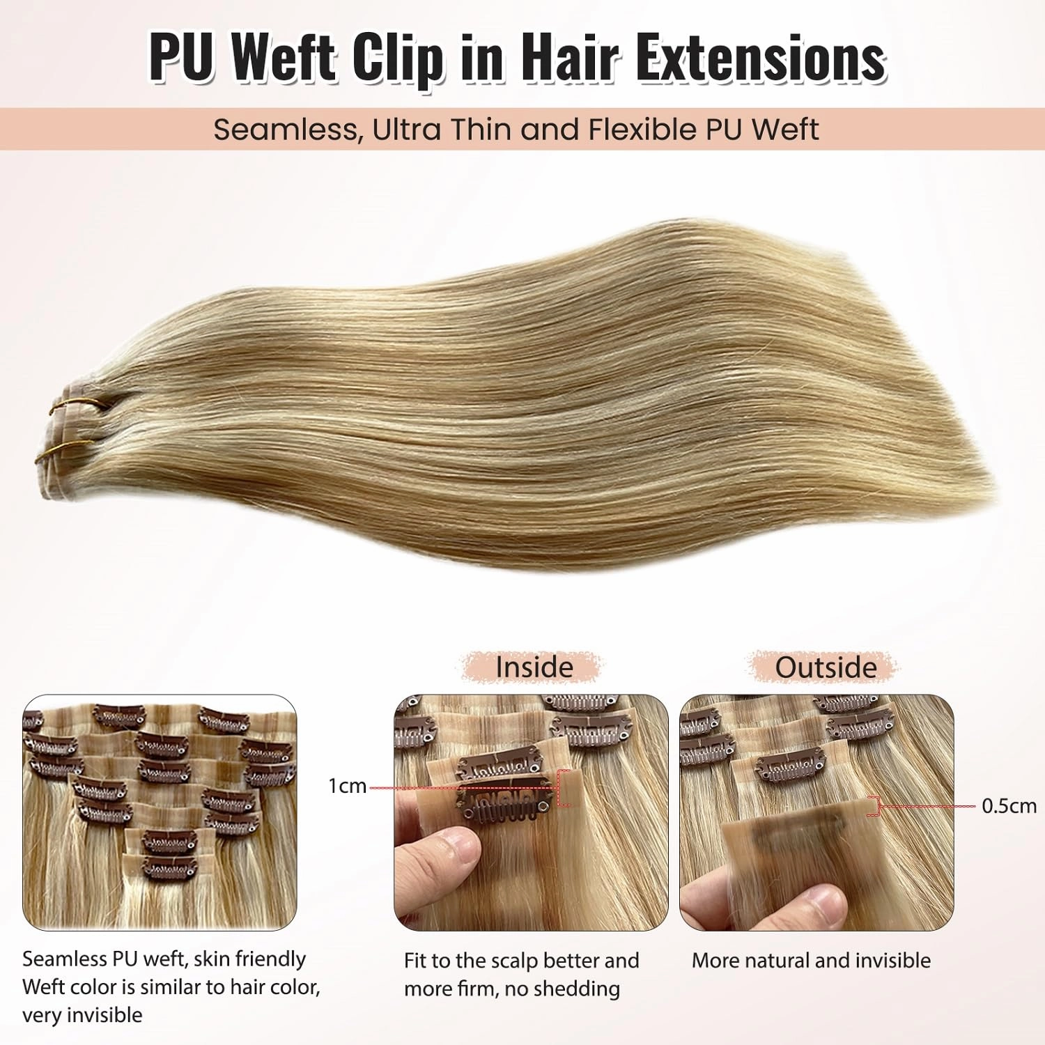 Seamless Human Hair Clip in Extensions, 24” 7 Pieces Colored Clip in Hair Extensions Real Human Hair Invisible PU Weft Clip ins Caramel Blonde with White Blonde Highlights Remy Hair Extensions