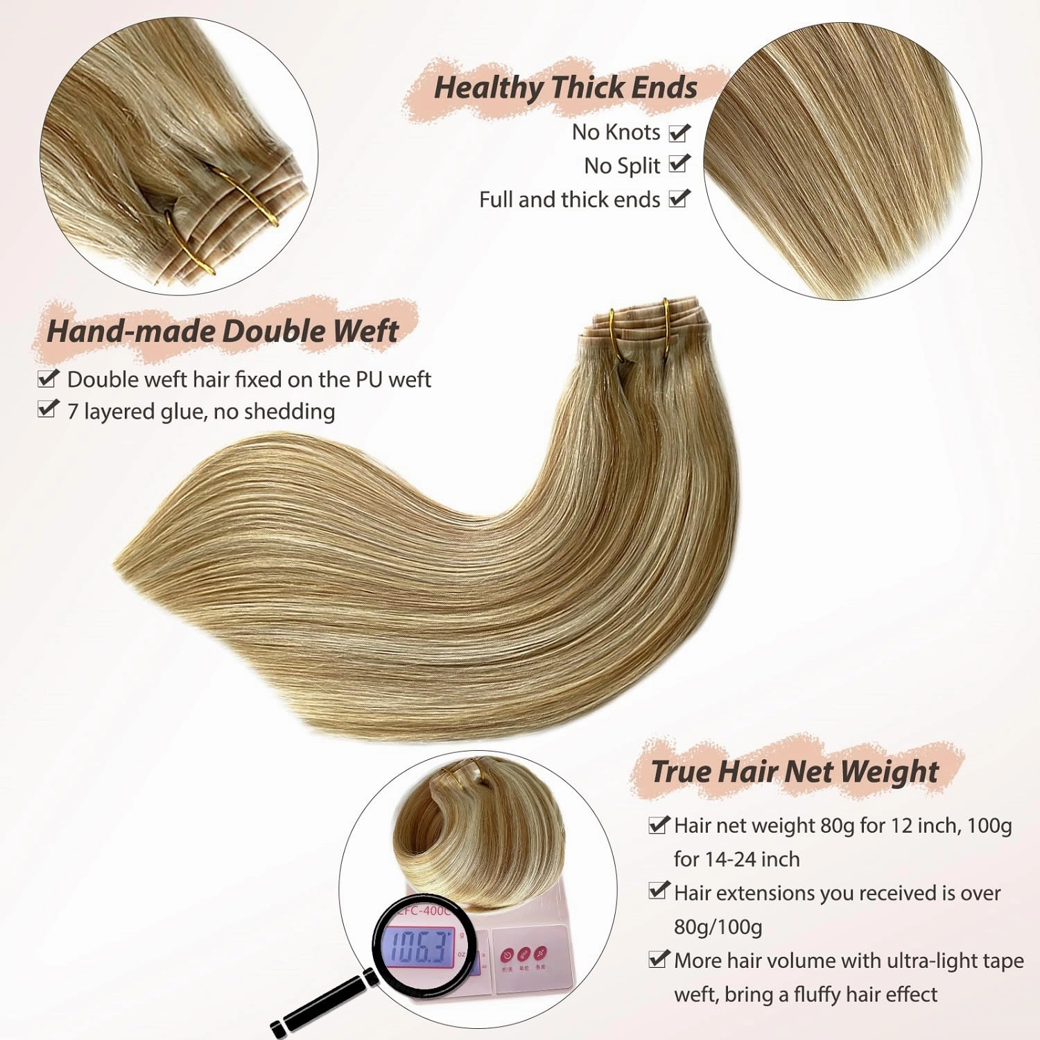 Seamless Human Hair Clip in Extensions, 24” 7 Pieces Colored Clip in Hair Extensions Real Human Hair Invisible PU Weft Clip ins Caramel Blonde with White Blonde Highlights Remy Hair Extensions