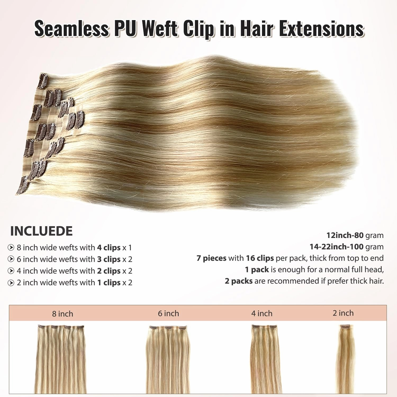 Seamless Human Hair Clip in Extensions, 24” 7 Pieces Colored Clip in Hair Extensions Real Human Hair Invisible PU Weft Clip ins Caramel Blonde with White Blonde Highlights Remy Hair Extensions