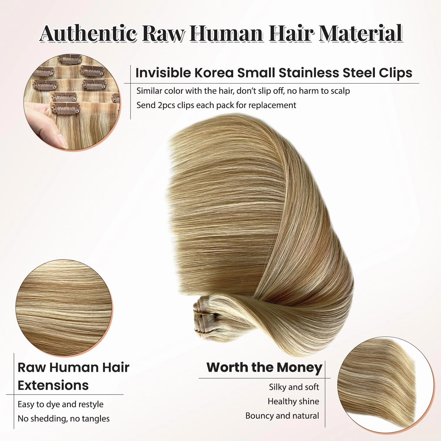 Seamless Human Hair Clip in Extensions, 24” 7 Pieces Colored Clip in Hair Extensions Real Human Hair Invisible PU Weft Clip ins Caramel Blonde with White Blonde Highlights Remy Hair Extensions