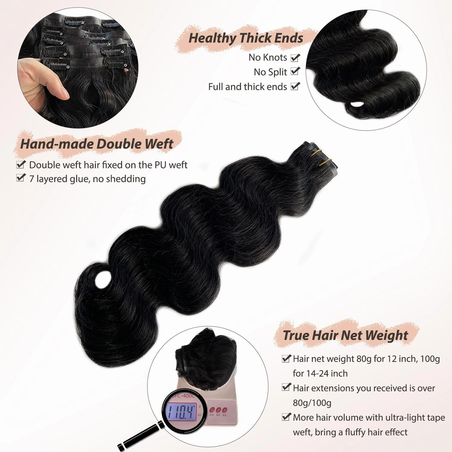 Seamless Human Hair Clip in Extensions, 24” PU Weft Seamless Clip in Hair Extensions Human Hair Natural Balck Body Wave Human Hair Clip in Extensions for Women Invisible Curly Remy Hair Extensions