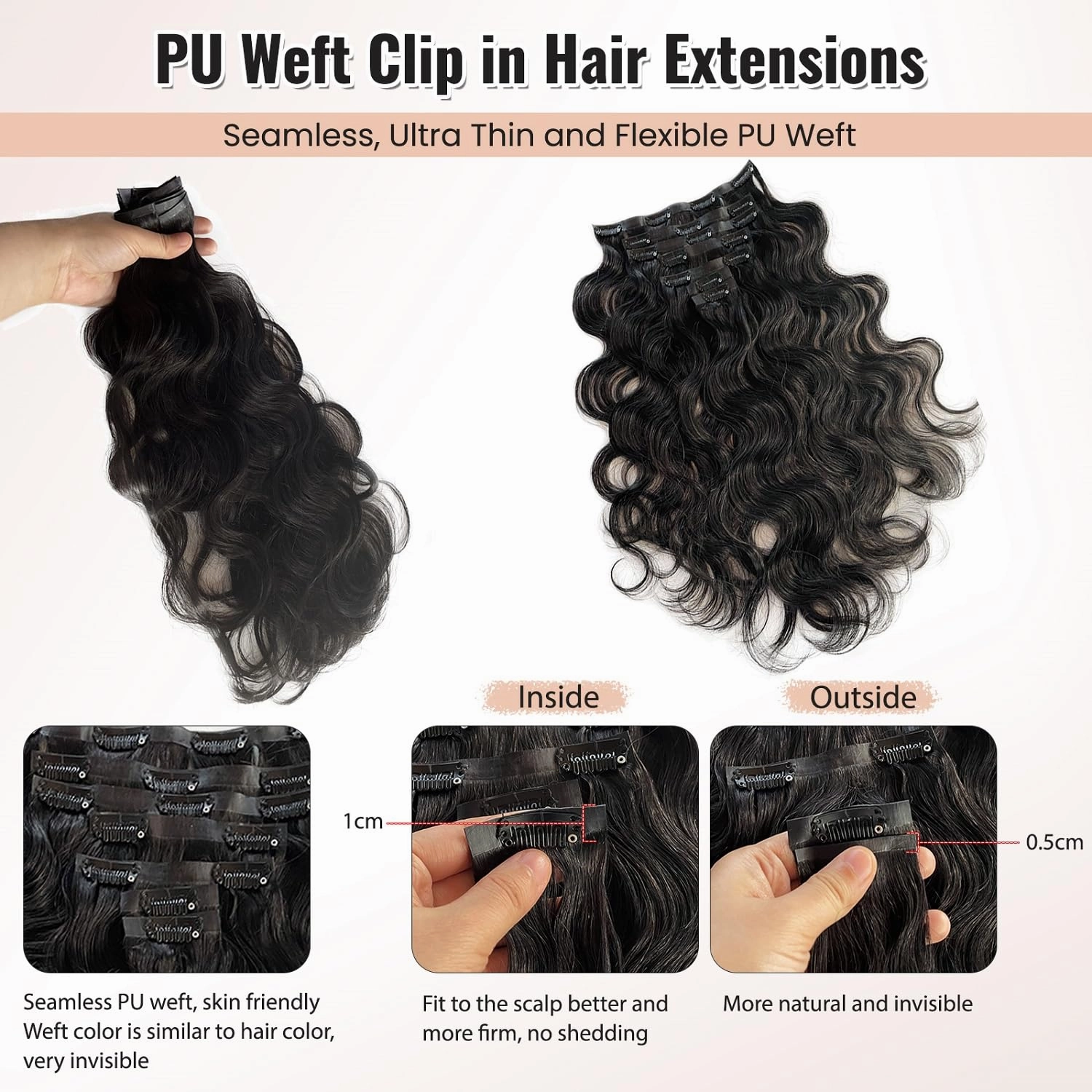 Seamless Human Hair Clip in Extensions, 24” PU Weft Seamless Clip in Hair Extensions Human Hair Natural Balck Body Wave Human Hair Clip in Extensions for Women Invisible Curly Remy Hair Extensions