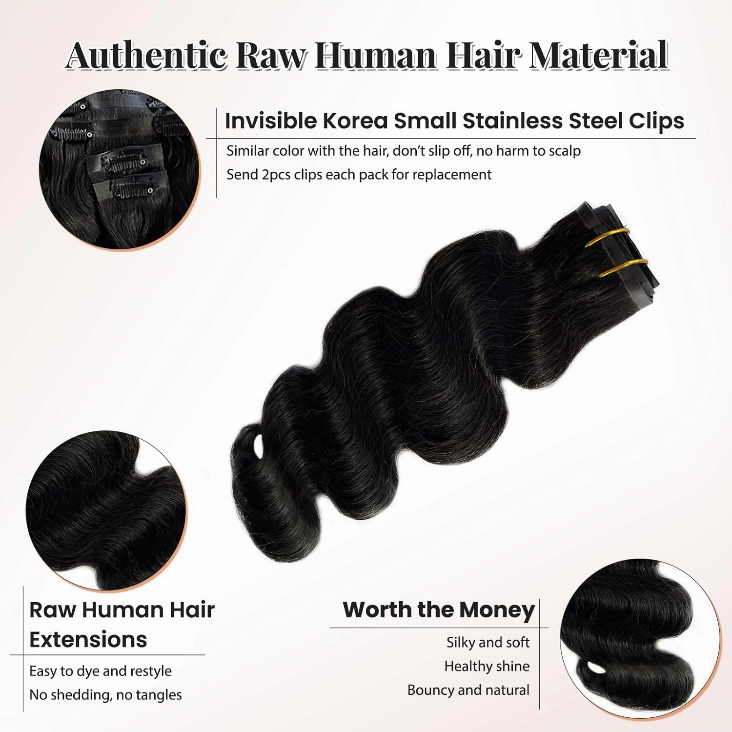 Seamless Human Hair Clip in Extensions, 24” PU Weft Seamless Clip in Hair Extensions Human Hair Natural Balck Body Wave Human Hair Clip in Extensions for Women Invisible Curly Remy Hair Extensions