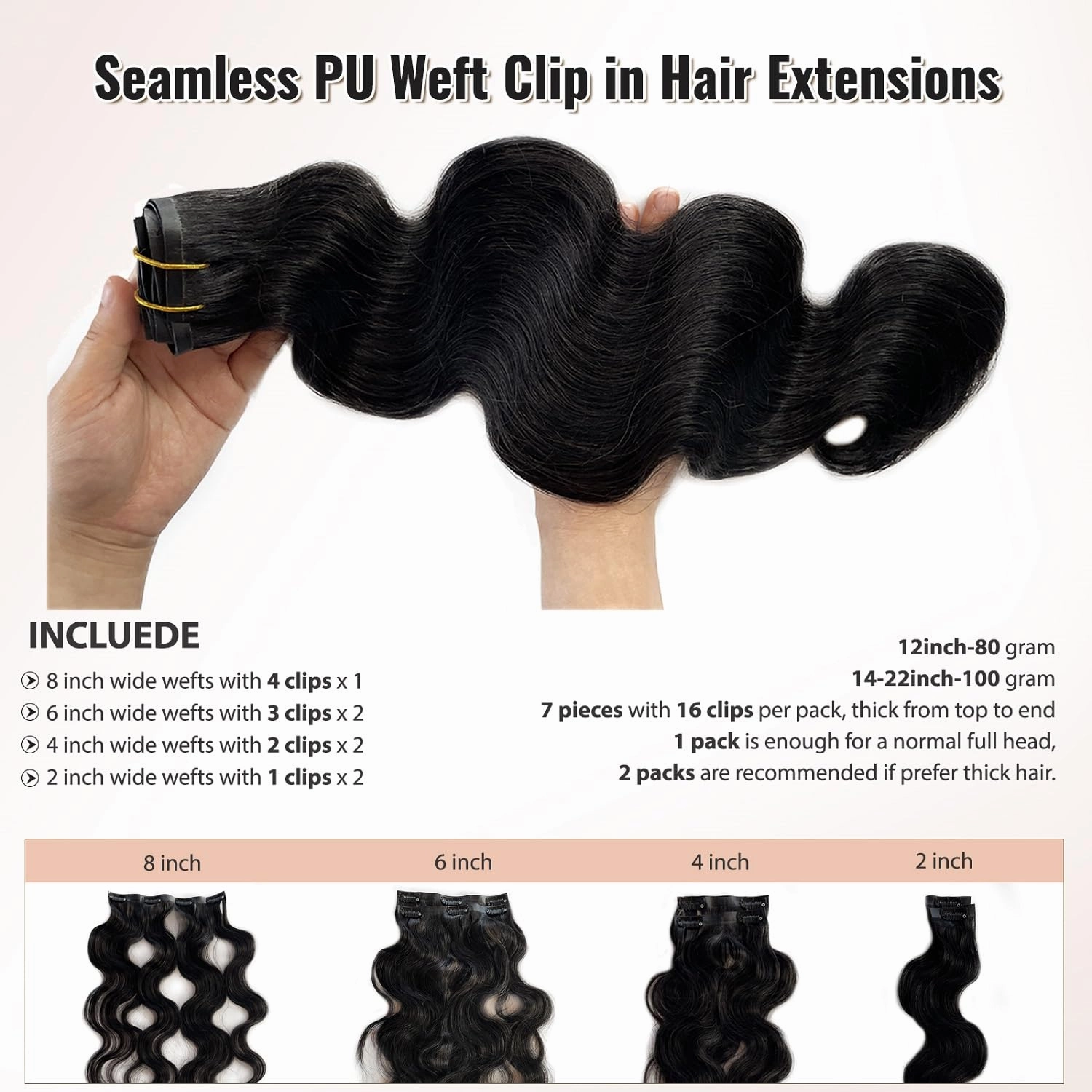 Seamless Human Hair Clip in Extensions, 24” PU Weft Seamless Clip in Hair Extensions Human Hair Natural Balck Body Wave Human Hair Clip in Extensions for Women Invisible Curly Remy Hair Extensions