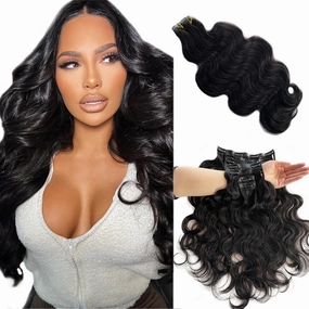 Seamless Human Hair Clip in Extensions, 24” PU Weft Seamless Clip in Hair Extensions Human Hair Natural Balck Body Wave Human Hair Clip in Extensions for Women Invisible Curly Remy Hair Extensions