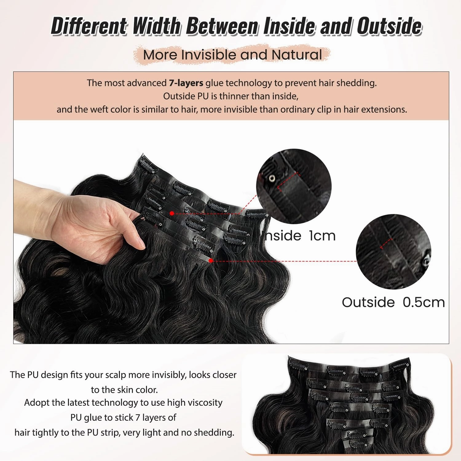 Seamless Human Hair Clip in Extensions, 24” PU Weft Seamless Clip in Hair Extensions Human Hair Natural Balck Body Wave Human Hair Clip in Extensions for Women Invisible Curly Remy Hair Extensions