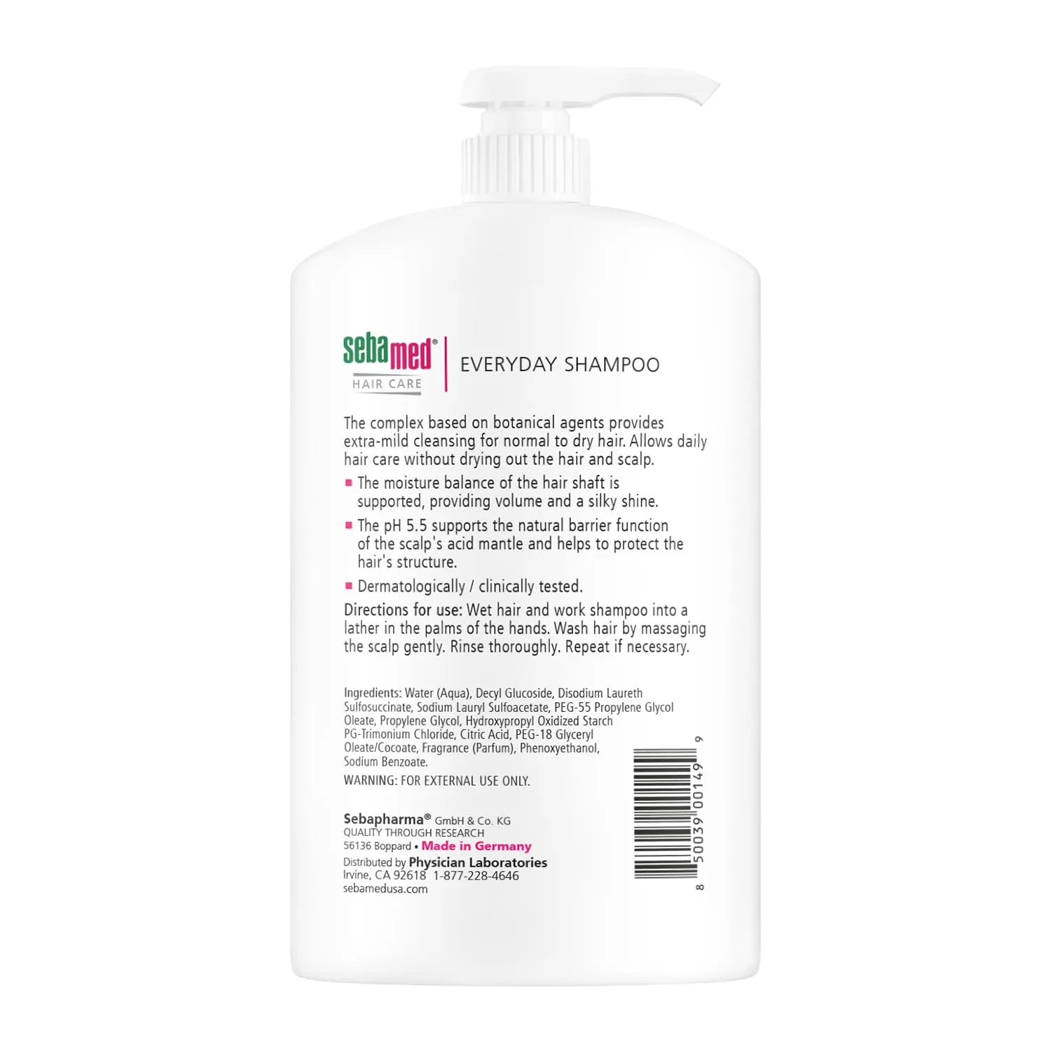 seba med Everyday Shampoo for All Hair Types and Sensitive Scalp 33.8 Fl. Oz (1L) Hypoallergenic Dermatologist Recommended pH 5.5 Soap and Alkali Free