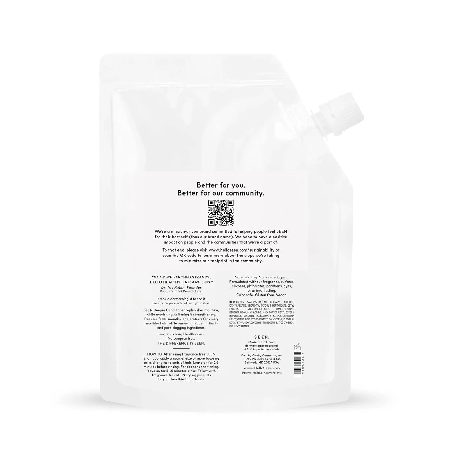 SEEN Deeper Conditioner Eco-Refill, Fragrance Free - Non-Comedogenic & Sulfate-Free Hair Conditioner- Dermatologist-Developed - Safe for Sensitive & Acne Prone Skin