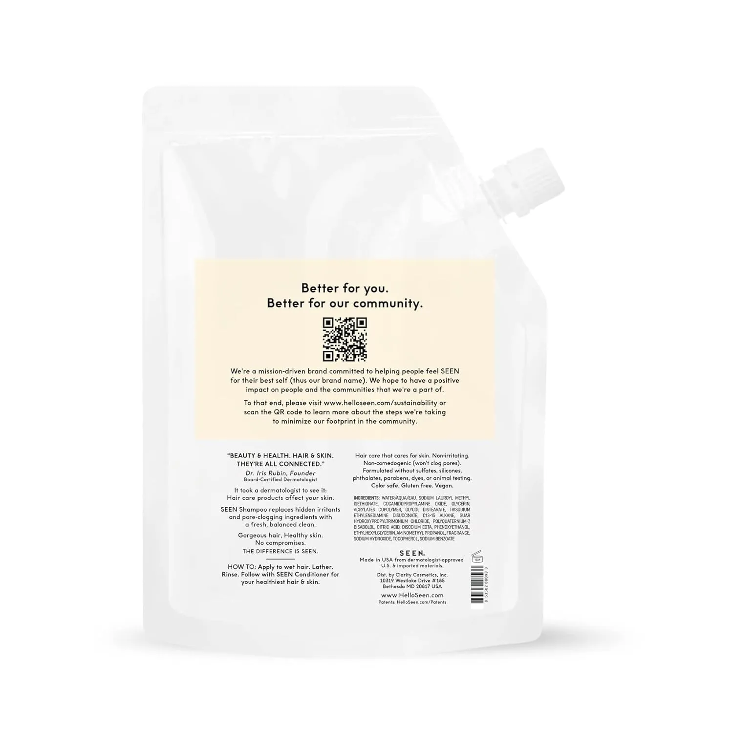 SEEN Shampoo Eco-Refill -Non-Comedogenic & Sulfate-Free Hair Shampoo- Dermatologist-Developed - Safe for Sensitive, Eczema & Acne Prone Skin
