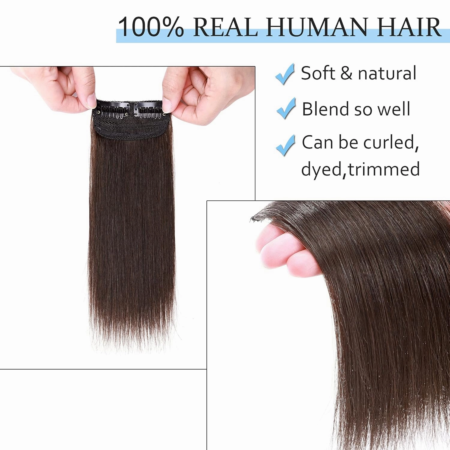 SEGO 2 Pcs Clip in Short Hair Extensions 4 Inch 16g 100% Human Hair Hairpiece Human Hair Toppers for Women With Thinning Hair Adding Hair Volume -#02 Dark Brown