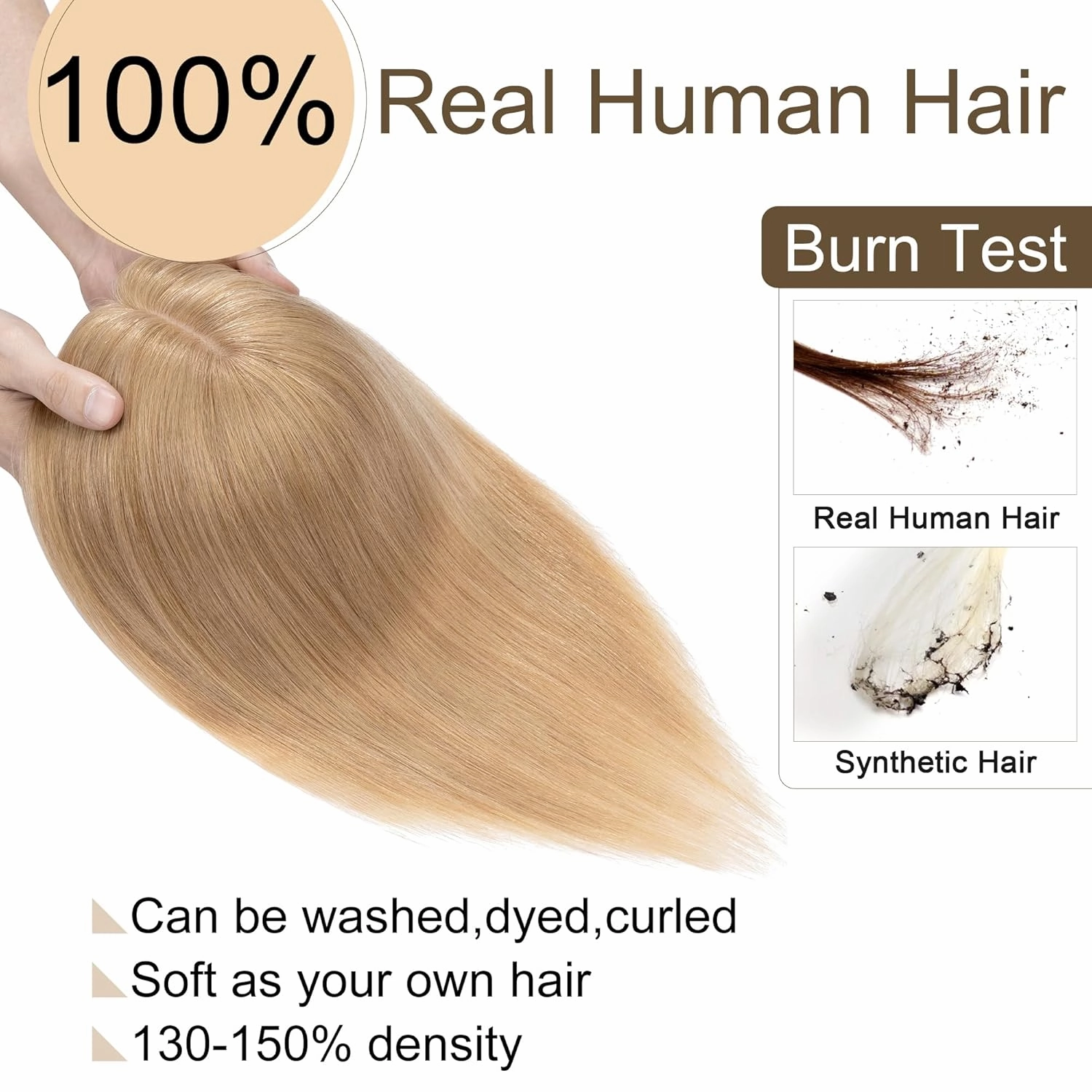 SEGO Hair Toppers for Women Real Human Hair No Bangs, 130% Density 10 * 12CM Silk Base Remy Clip in Top Wiglet Hairpieces Add Volume /6 Inch Dark Blonde