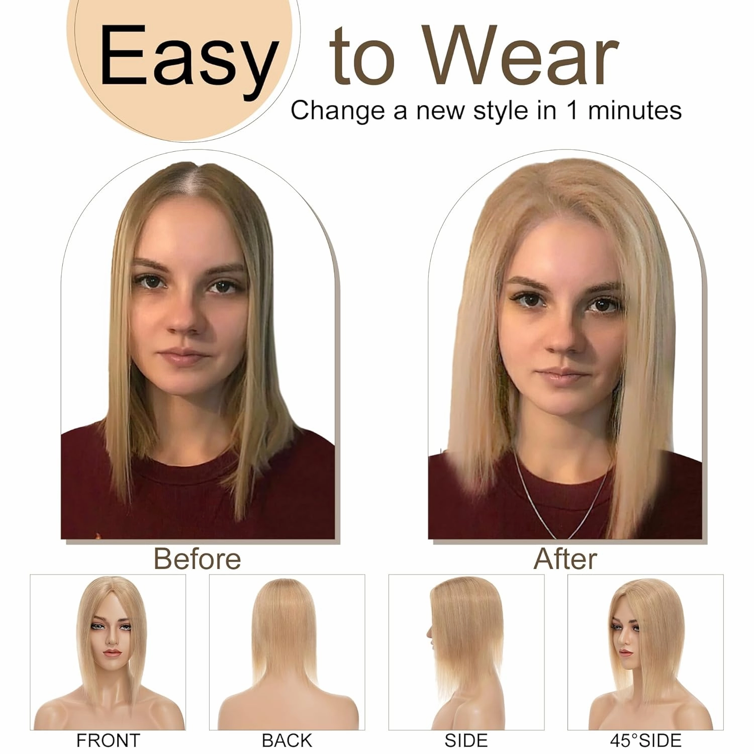 SEGO Hair Toppers for Women Real Human Hair No Bangs, 130% Density 10 * 12CM Silk Base Remy Clip in Top Wiglet Hairpieces Add Volume /6 Inch Dark Blonde