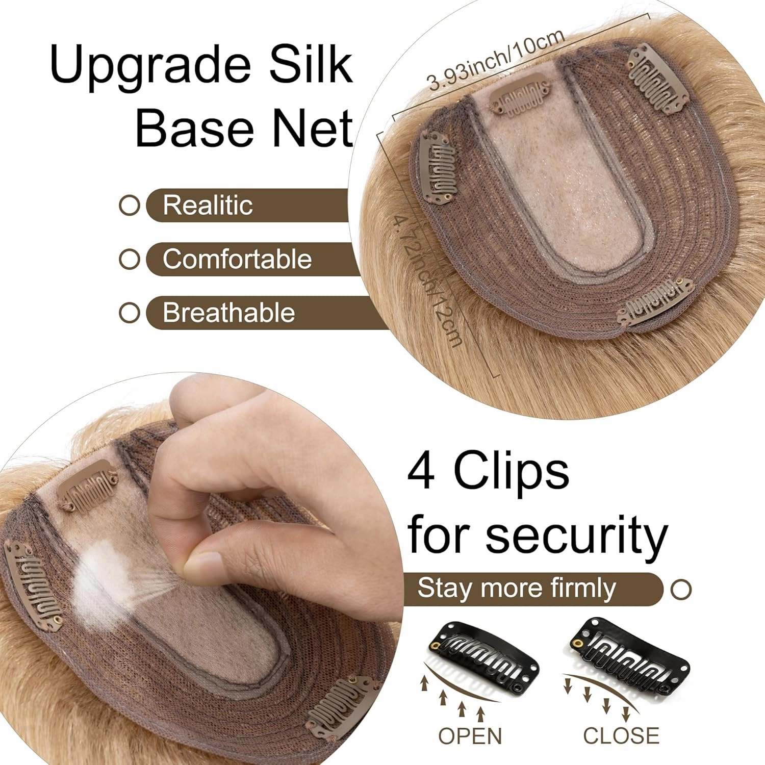 SEGO Hair Toppers for Women Real Human Hair No Bangs, 130% Density 10 * 12CM Silk Base Remy Clip in Top Wiglet Hairpieces Add Volume /6 Inch Dark Blonde