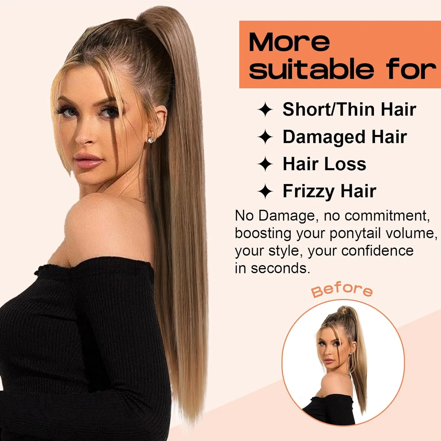 SEIKEA 28" Drawstring Ponytail Extensions Long Straight Fake Pony Tail Natural Soft Clip in Hair Extension Synthetic Heat Resistant Hairpiece - Light Brown with Blonde Highlights