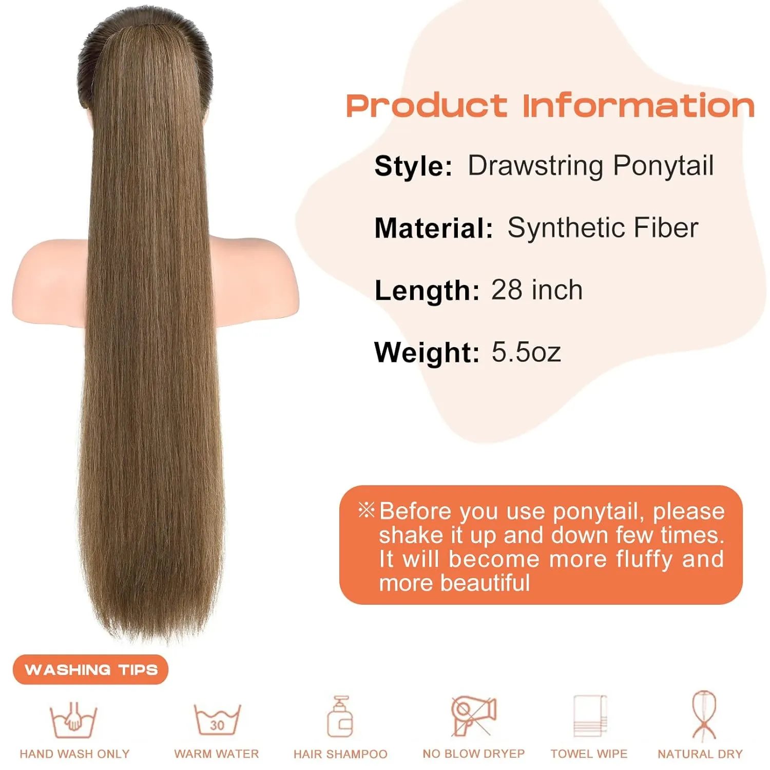 SEIKEA 28" Ponytail Extensions Drawstring Long Straight Fake Pony Tail Natural Soft Clip in Hair Extension Synthetic Heat Resistant Hairpiece - Ash Blonde with Golden Blonde