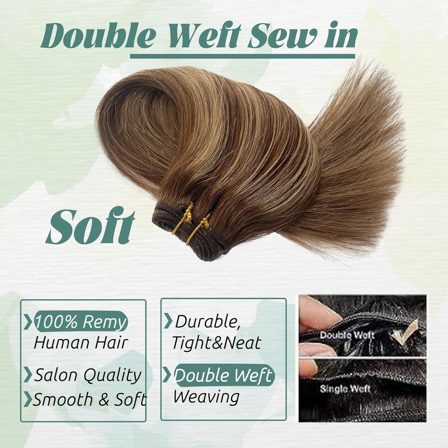 Sew In Human Hair Extensions - Balayage Chestnut Brown Highlighted Beige Blonde Weft - 18 Inch Brown - Double Weft - Natural Straight