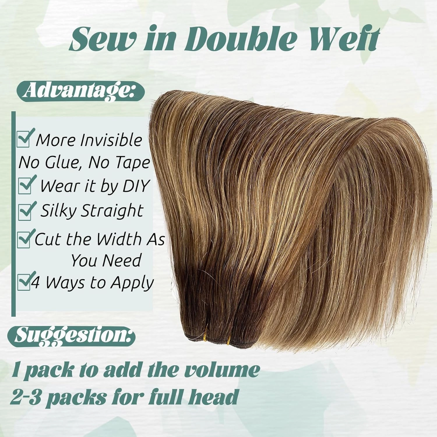 Sew In Human Hair Extensions - Balayage Chestnut Brown Highlighted Beige Blonde Weft - 18 Inch Brown - Double Weft - Natural Straight