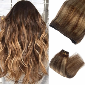 Sew In Human Hair Extensions - Balayage Chestnut Brown Highlighted Beige Blonde Weft - 18 Inch Brown - Double Weft - Natural Straight