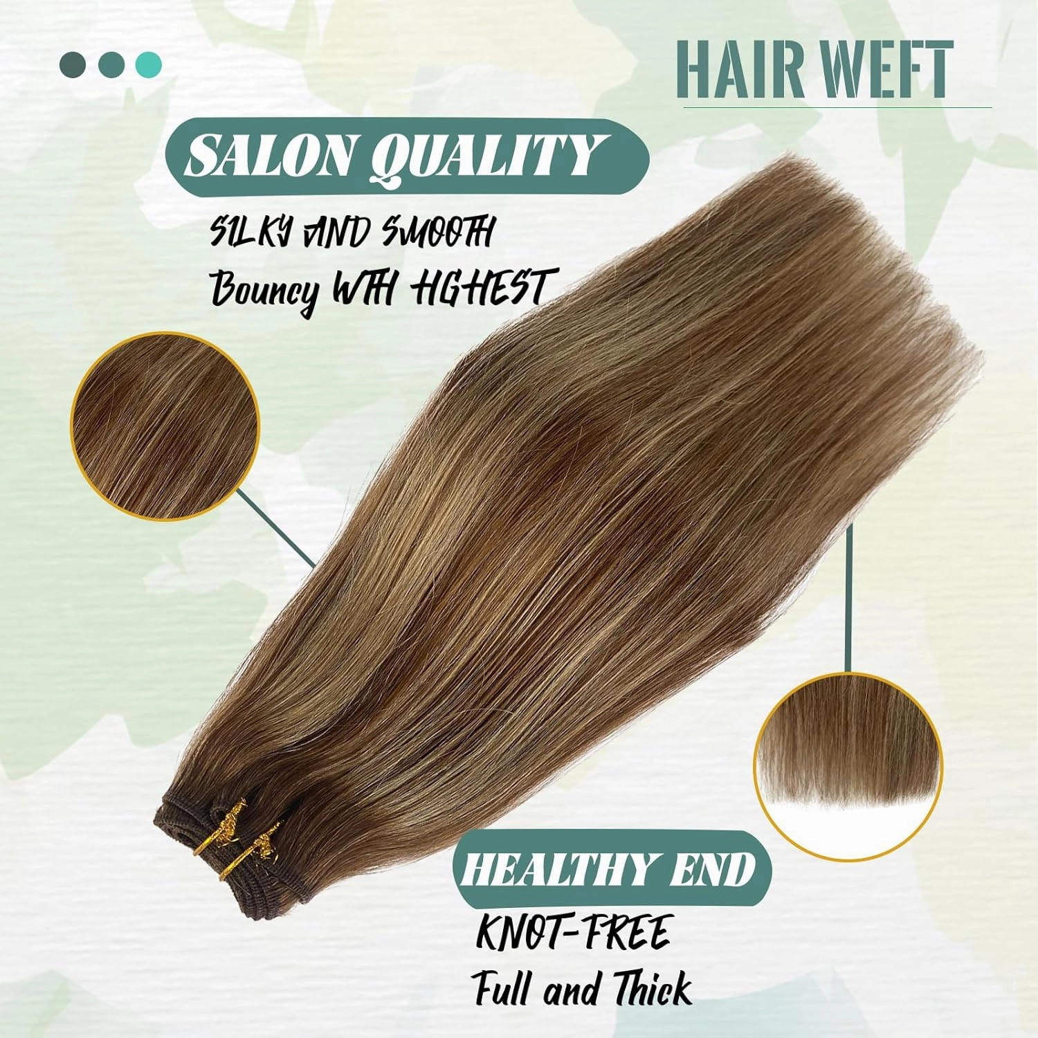 Sew In Human Hair Extensions - Balayage Chestnut Brown Highlighted Beige Blonde Weft - 18 Inch Brown - Double Weft - Natural Straight