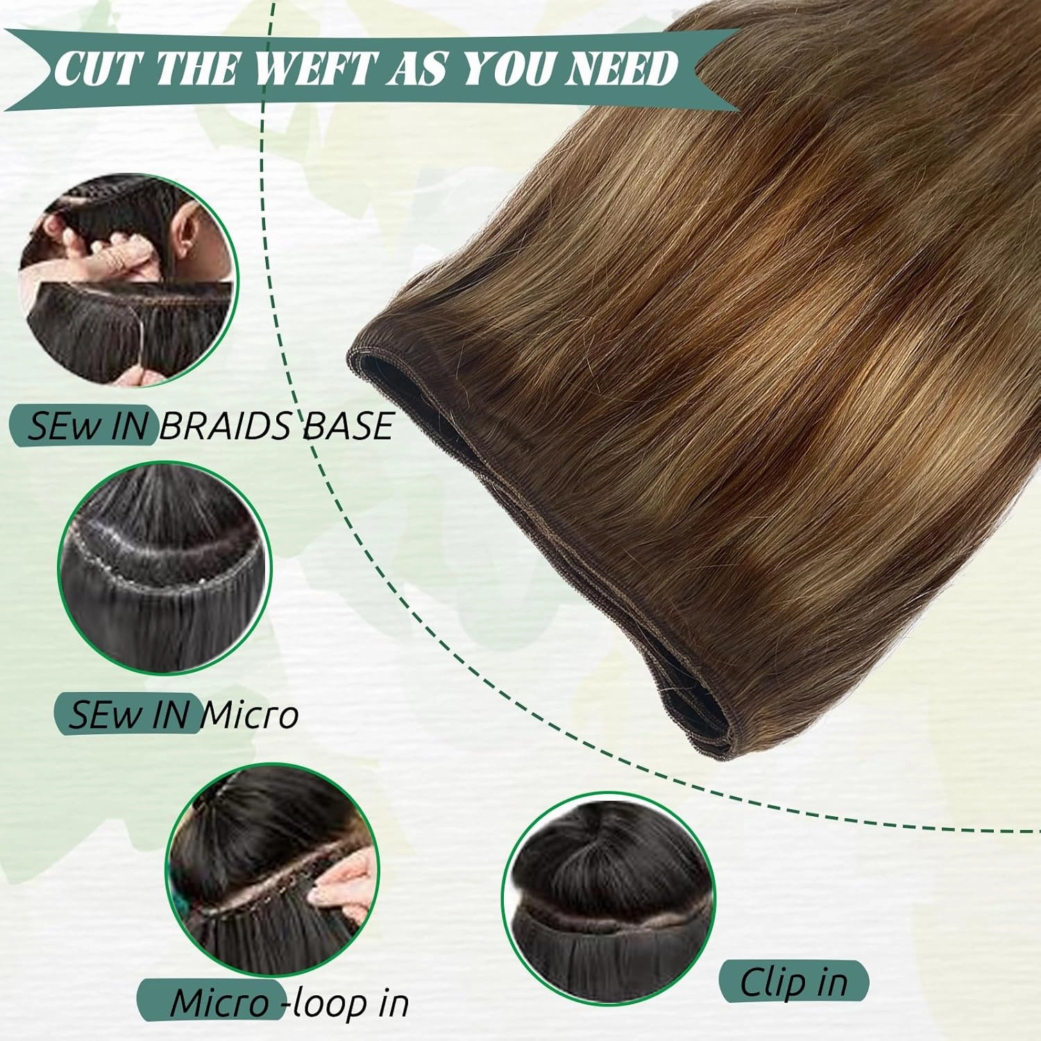 Sew In Human Hair Extensions - Balayage Chestnut Brown Highlighted Beige Blonde Weft - 18 Inch Brown - Double Weft - Natural Straight