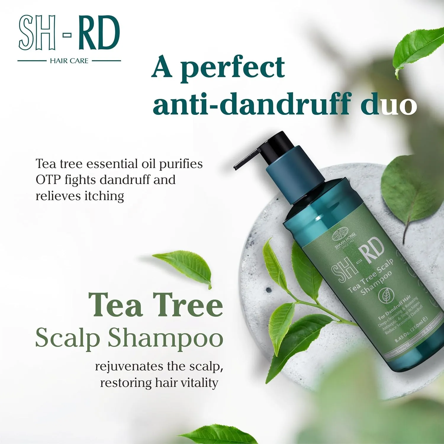 SH-RD Tea Tree Shampoo for Dry, Senstive Scalp | 1% OTP Added Flake-Control | Deep Cleansing, Rebalancing, Hydrating Dandruff Scalps - 8.45oz/250ml