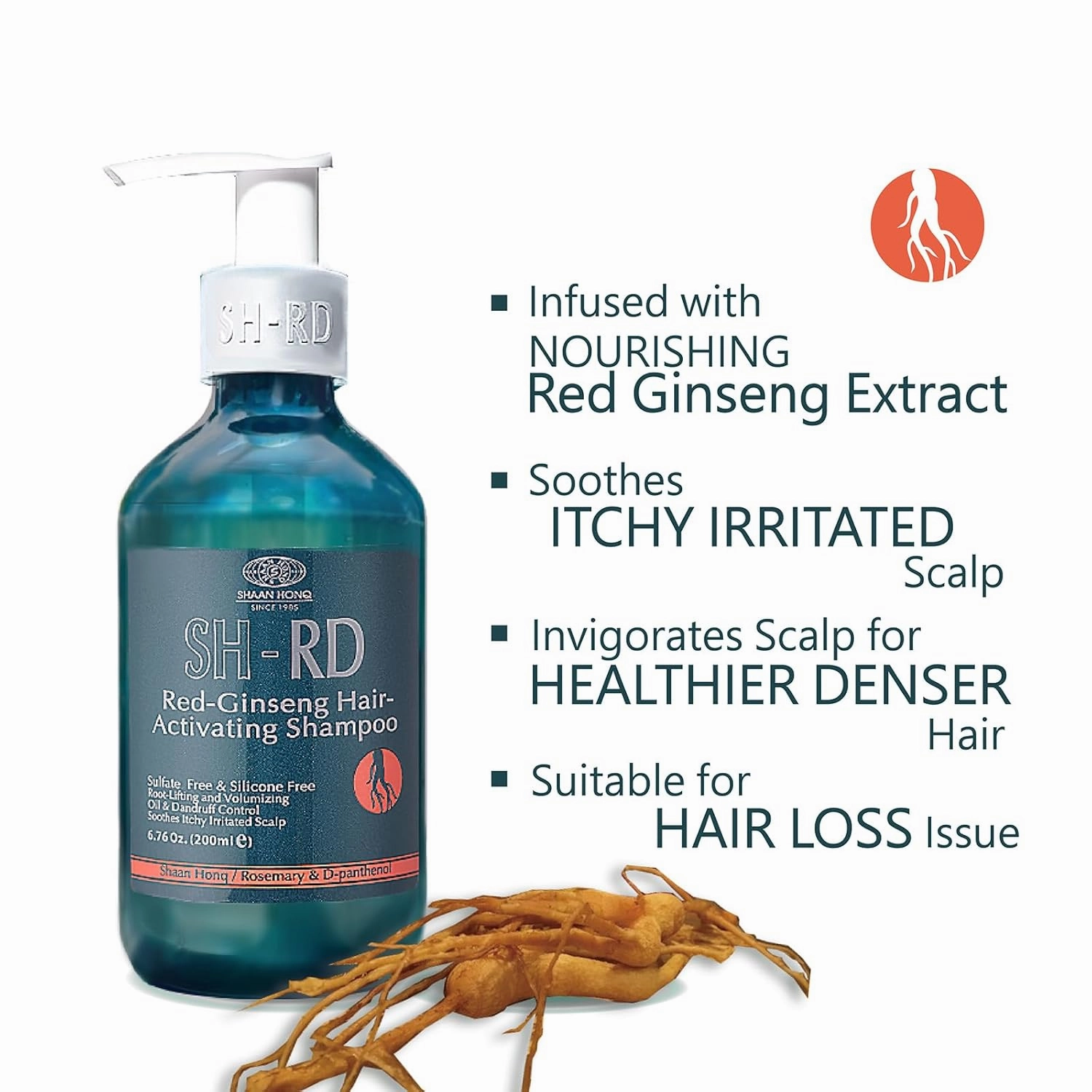 SH-RD Red Ginseng Activating Shampoo for Thinning Hair | Herbal Extract, Rosemary, Vitamin B5 | Root-Lifting, Oil Control & Anti-Dandruff | Sulfate-Free - 6.76oz/200ml
