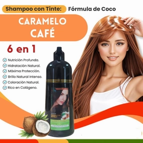 Shampoo con Tinte Caramelo Café – Fórmula de Coco 6 en 1 – Sin Amoníaco – 500 ml – Nutrición y Coloración Natural