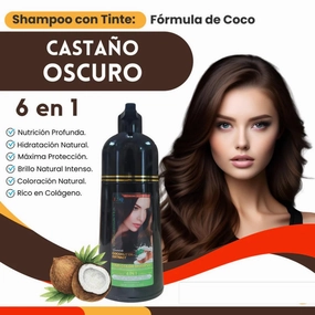 Shampoo con Tinte Castaño Oscuro 6 en 1 – Con Coco, Colágeno y Bio – Cubre Canas – Sin Amoníaco – Hidratación y Brillo – 500 ml